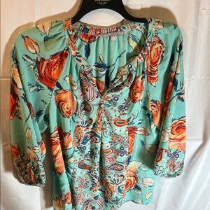 Valerie Stevens Floral Blouse - Teal and Orange